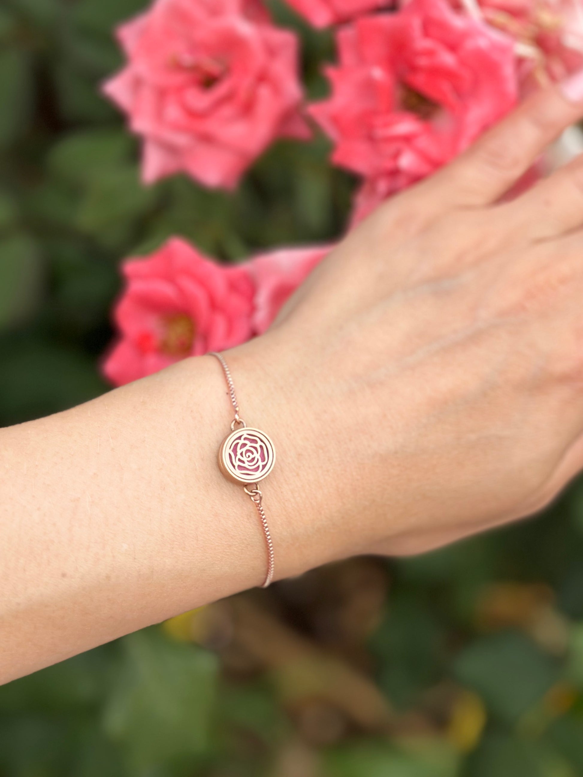 Luxury rose gold aromatherapy bracelet for feminine energy with Rose Oil