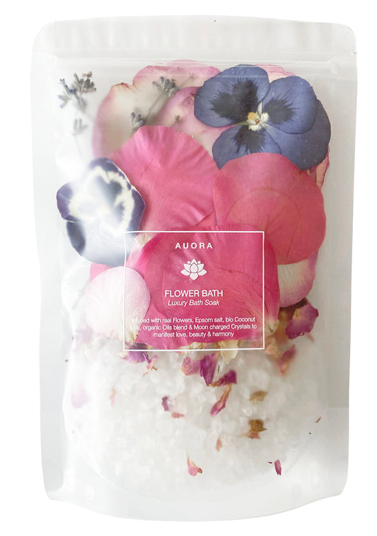 Rose and magnesium bath salts with real flower petals and quartz crystals - AUORA Flower Bath